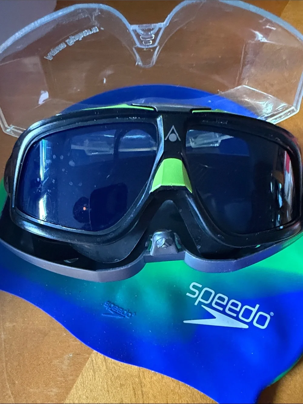 Speedo Men’s Black Swim Mask with Blue Lenses and Green Accent